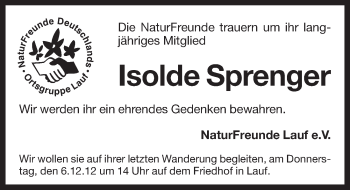 Traueranzeige von Isolde Sprenger von Pegnitz-Zeitung